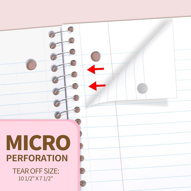 SUNEE Spiral Notebook, 1-Subject, College Ruled Paper, 8" x 10-1/2", 100 Sheets per Notebook, 3-Hole Punched Paper, Water Resistant Cover, Double-sided Pockets, Spiral Lined Notebooks for Work, Pink - Image 5